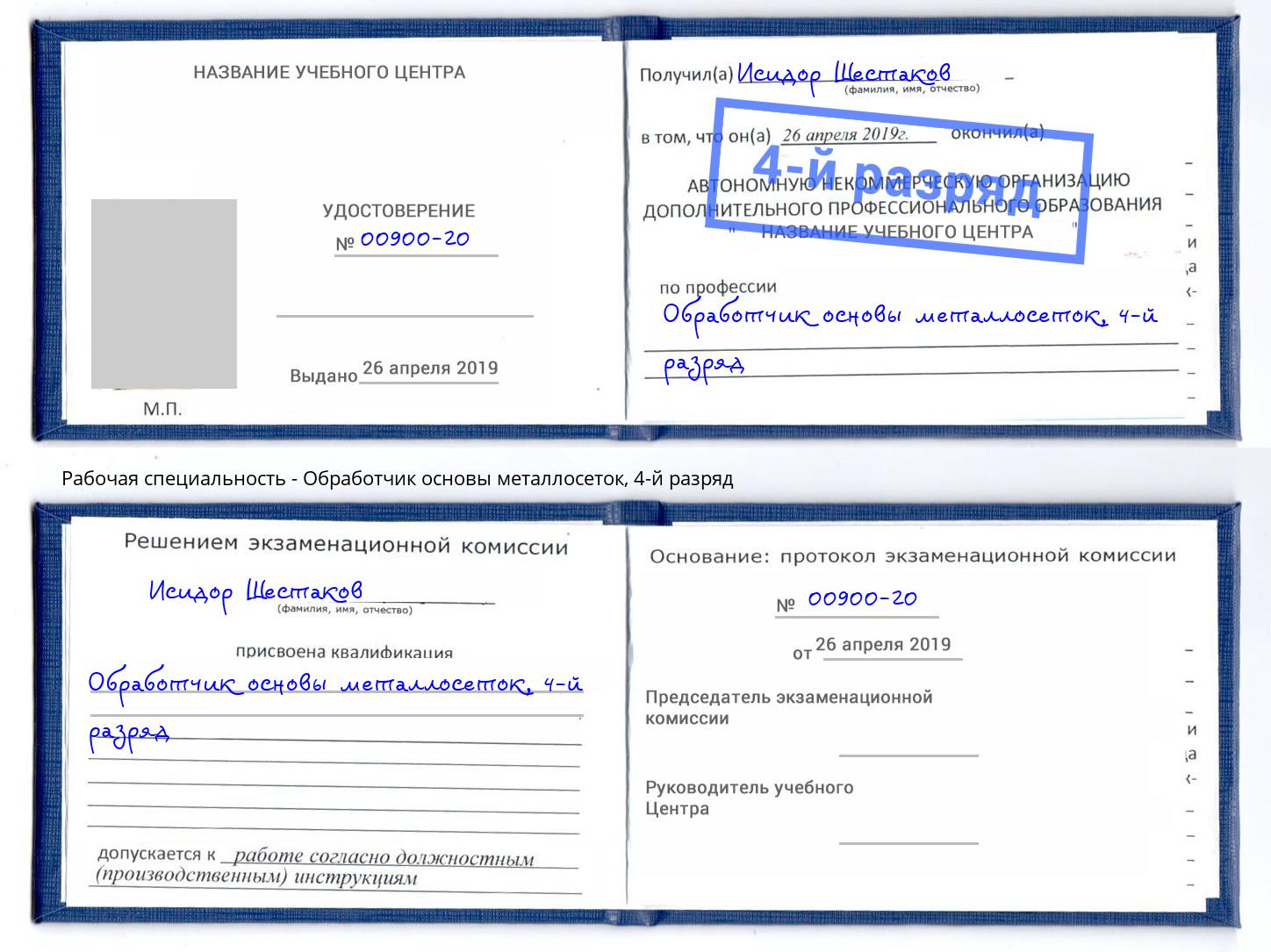 корочка 4-й разряд Обработчик основы металлосеток Большой Камень