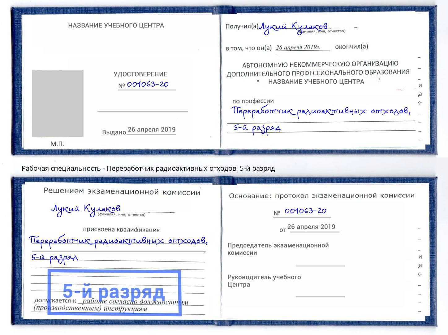 корочка 5-й разряд Переработчик радиоактивных отходов Большой Камень