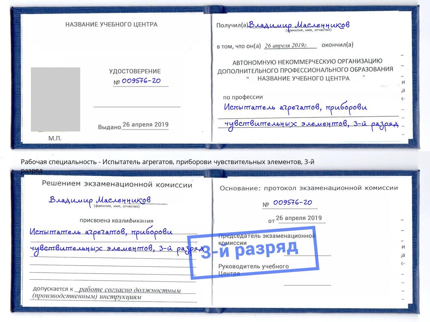 корочка 3-й разряд Испытатель агрегатов, приборови чувствительных элементов Большой Камень