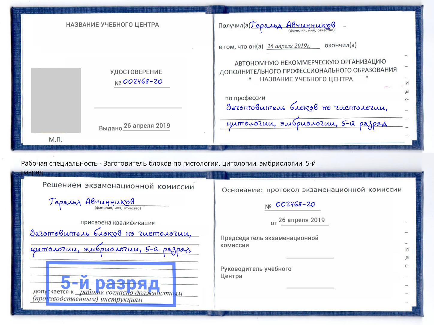 корочка 5-й разряд Заготовитель блоков по гистологии, цитологии, эмбриологии Большой Камень