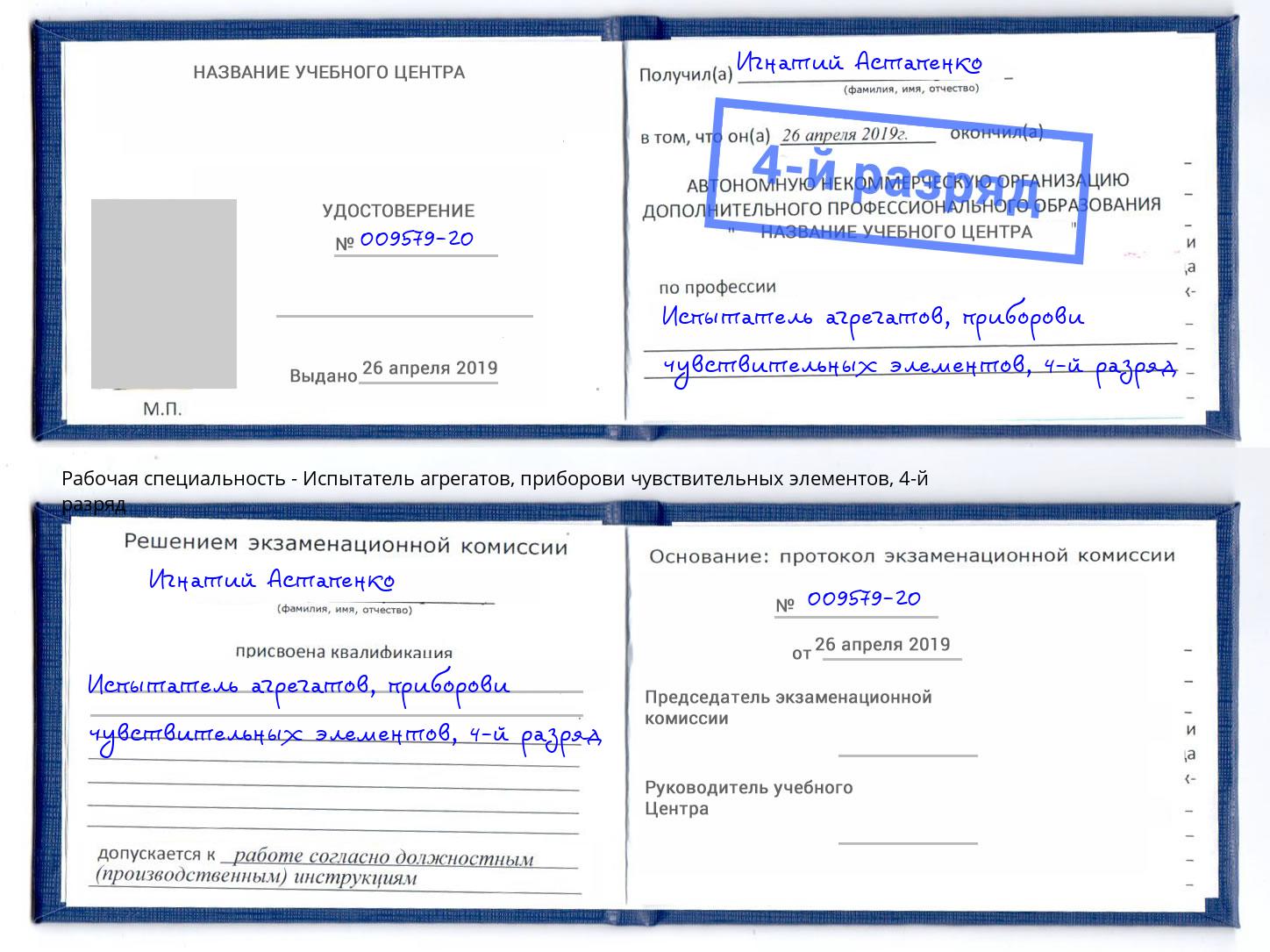 корочка 4-й разряд Испытатель агрегатов, приборови чувствительных элементов Большой Камень