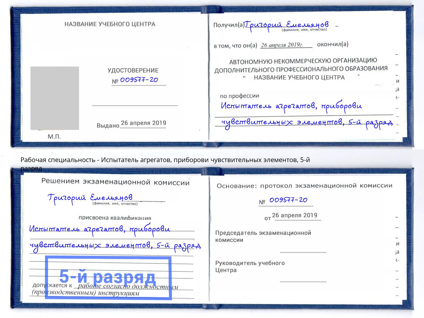 корочка 5-й разряд Испытатель агрегатов, приборови чувствительных элементов Большой Камень
