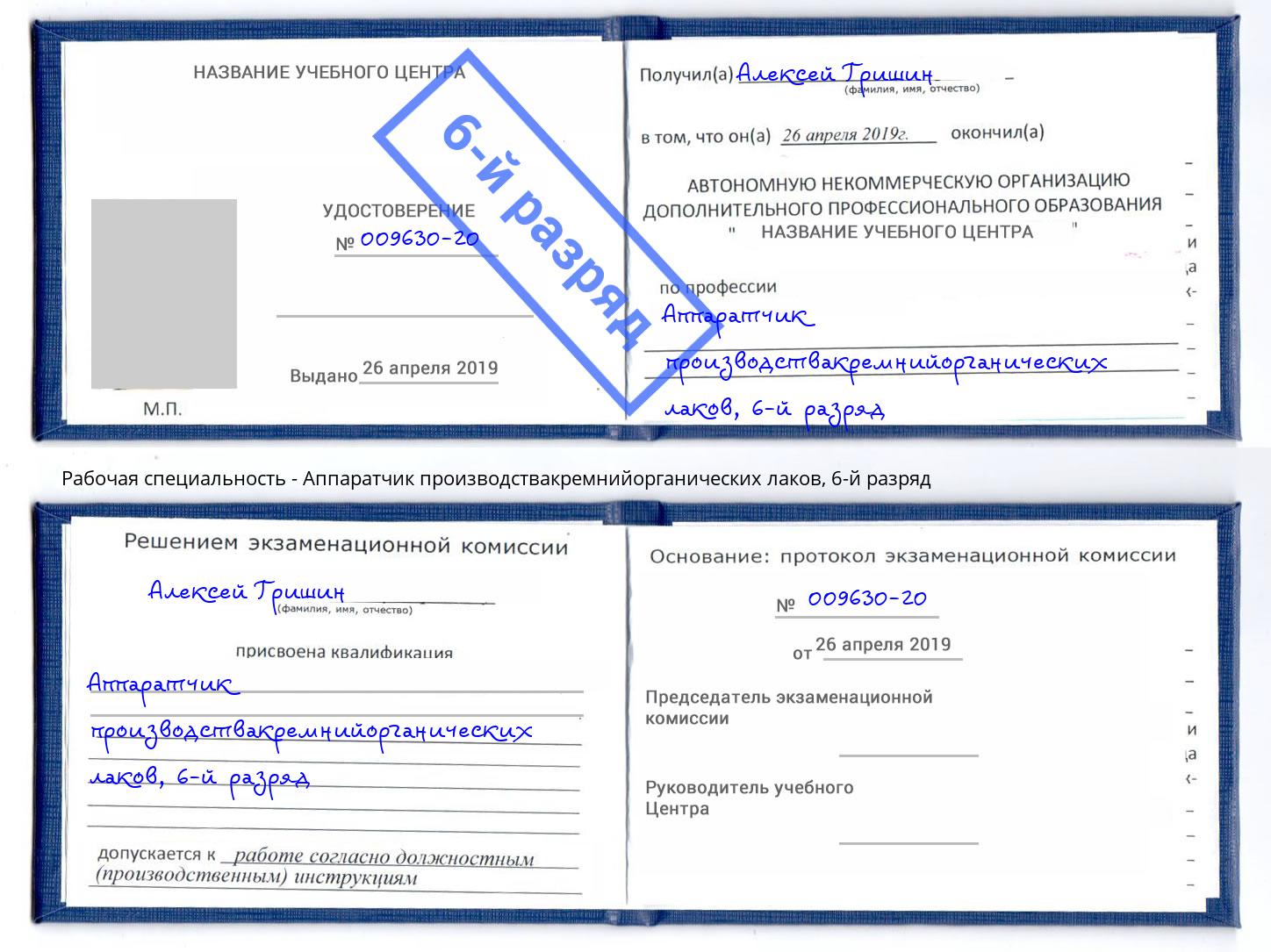 корочка 6-й разряд Аппаратчик производствакремнийорганических лаков Большой Камень