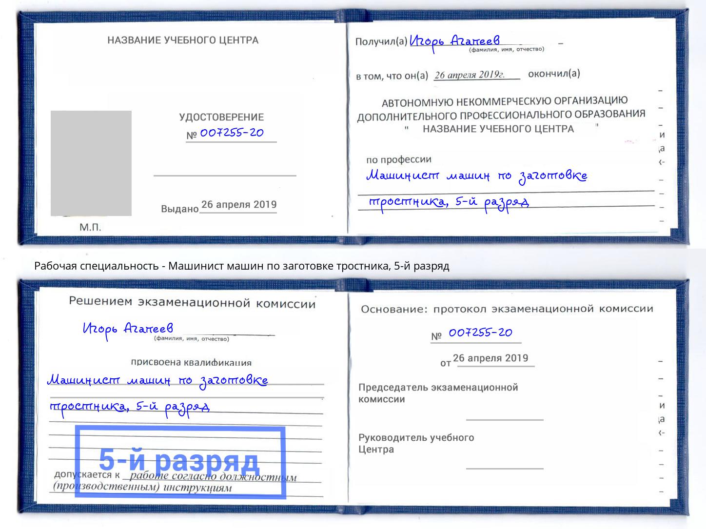 корочка 5-й разряд Машинист машин по заготовке тростника Большой Камень