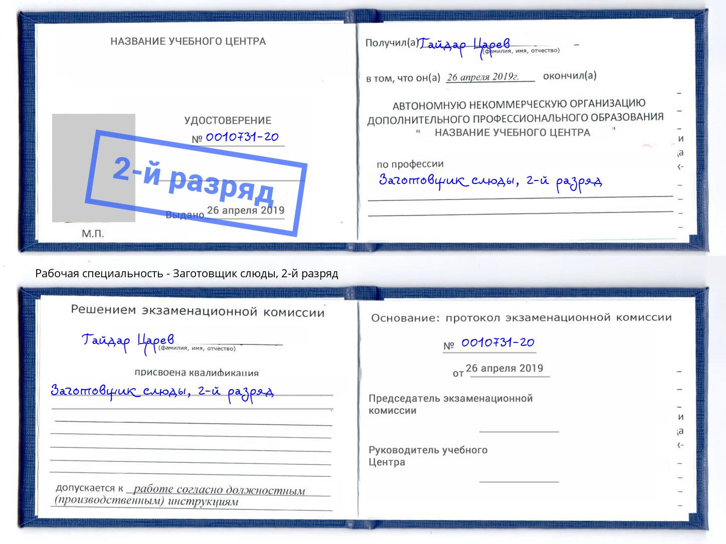корочка 2-й разряд Заготовщик слюды Большой Камень