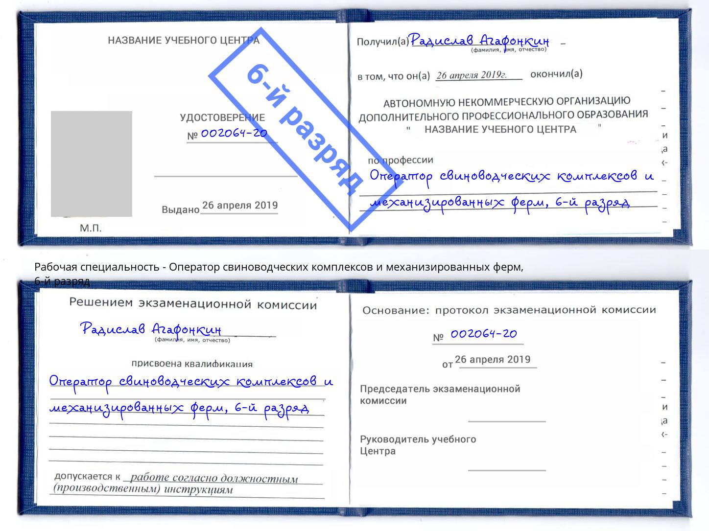 корочка 6-й разряд Оператор свиноводческих комплексов и механизированных ферм Большой Камень