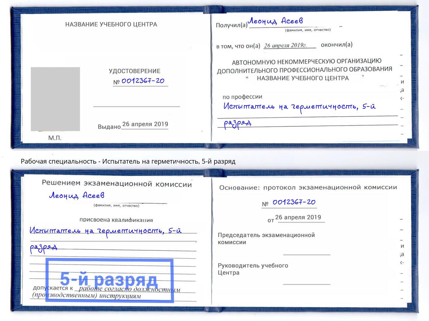 корочка 5-й разряд Испытатель на герметичность Большой Камень